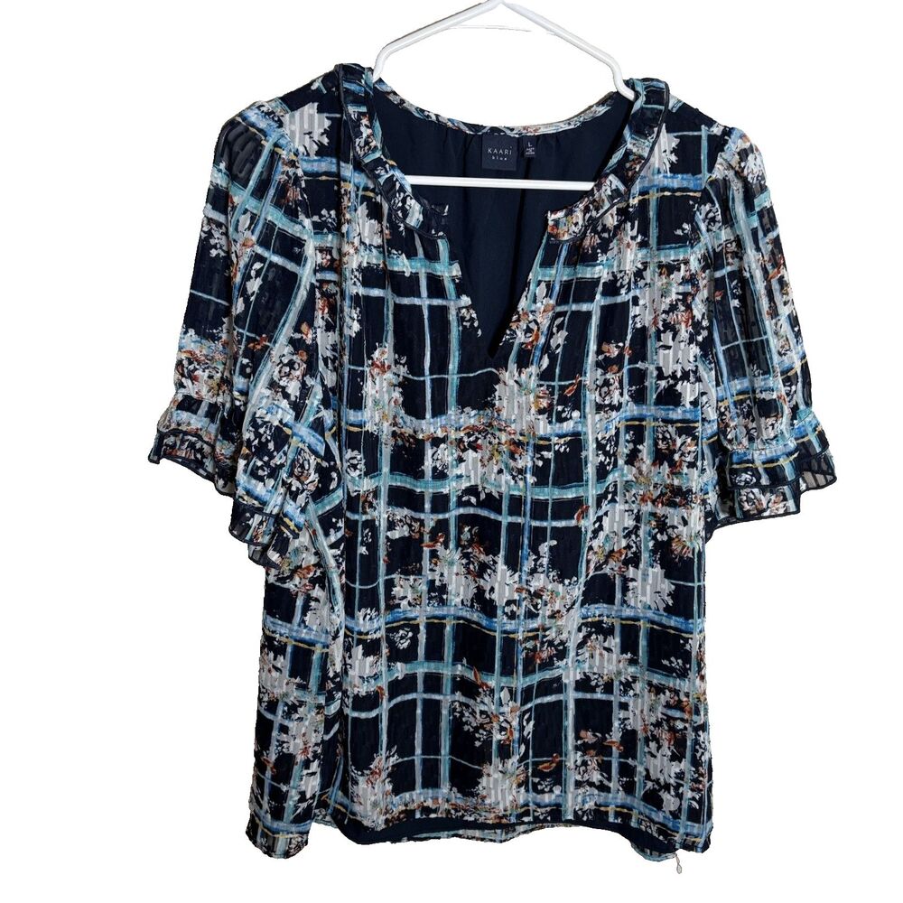 Kaari Blue Blouse Women's Large V-Neck Short Sleeve Printed Shirt Top Ruffle